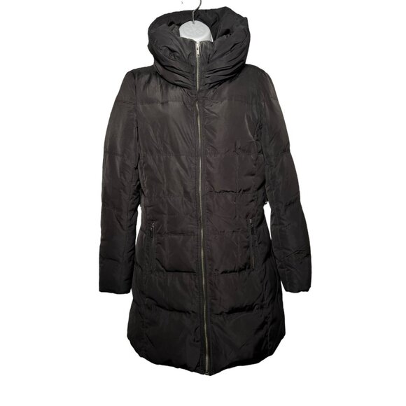 Zara Slim Fitted Down Long Jacket Coat Collar Belted Knee Length Black Size M - Picture 1 of 13